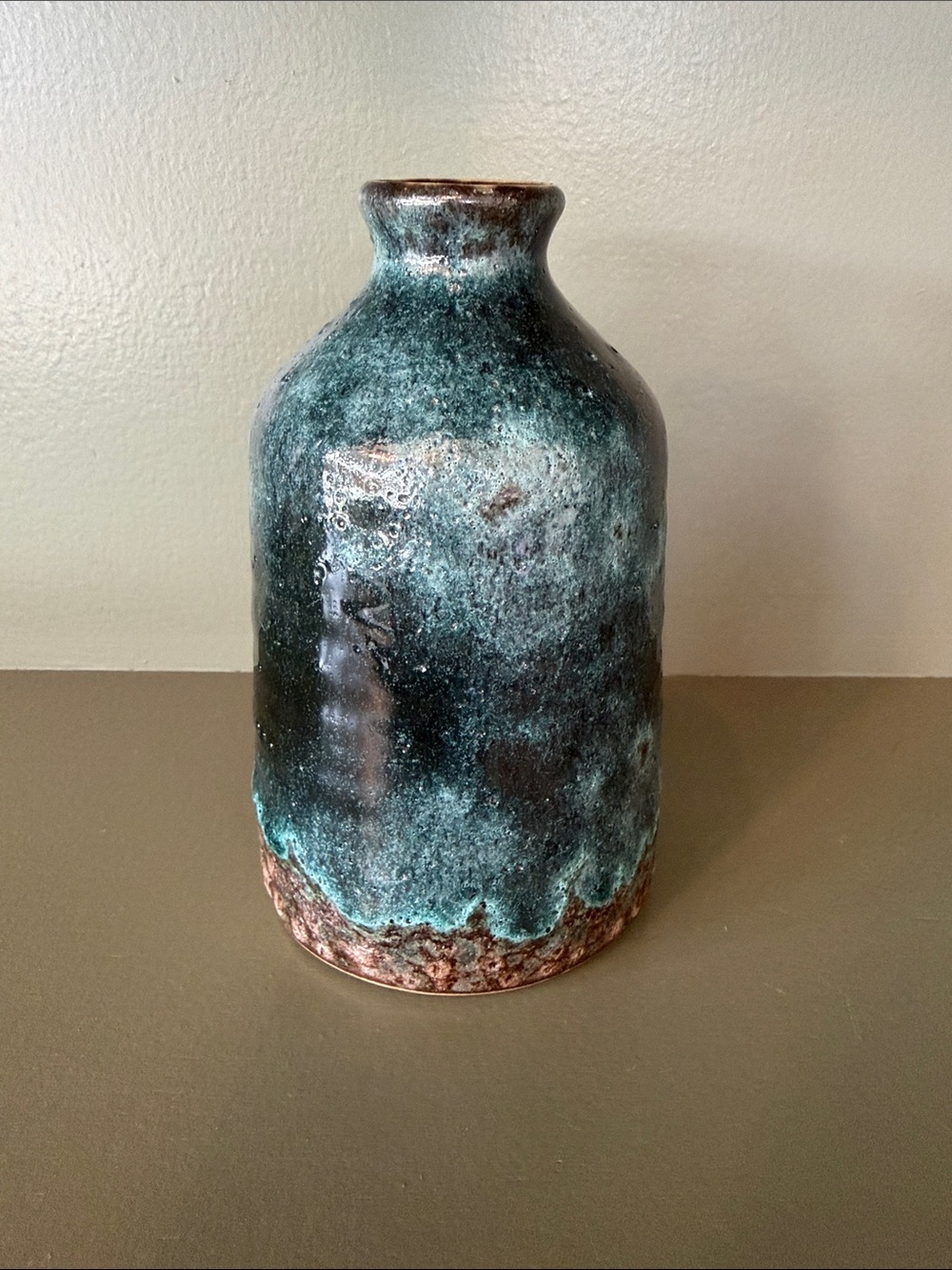Blue-Green Stoneware Vase with Brown Rim
